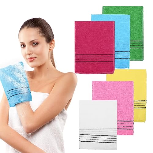 Larrel 6PCS Exfoliating Cloth Gloves, Colorful Exfoliating Bath Cloth, 14x18.5cm/5.5x7.2 Inch Exfoliating-Washcloth for Women and Men, Double Sided Scrub Mitt for Removing Dead Skin, Dirt and Grease