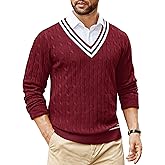 COOFANDY Mens V Neck Sweater Long Sleeve Cable Knit Sweater Fall Winter Pullover Slim Fit Stretchy Fabric Preppy Style