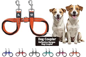 KRUZ PET Kruz Double Dog Leash for Two Dogs (Width - 5/8”, Length 14”-27”) Dual Leash Coupler with Tangle-Free Swivel, Shock-Absorbing Reflective Bungee for Comfortable Walking & Training (Orange, Small)