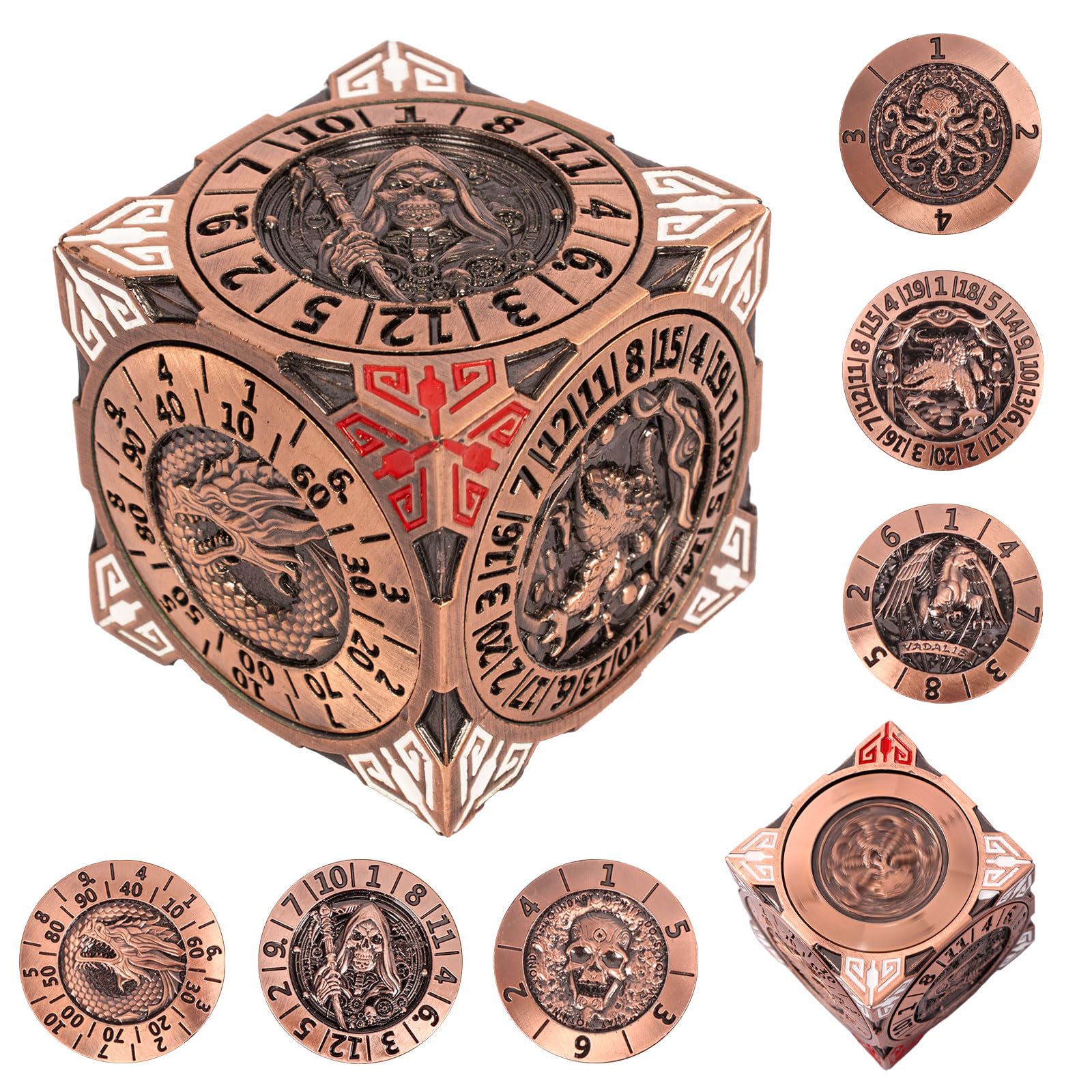 DND Spinner Dice - 7-in-1 Metal Dice Set with 3D Relief Dragon Design | Unique Spinner Design for Dungeons & Dragons | Fantasy RPG Polyhedral Dice Set for D&D Players & DM (Red Copper)
