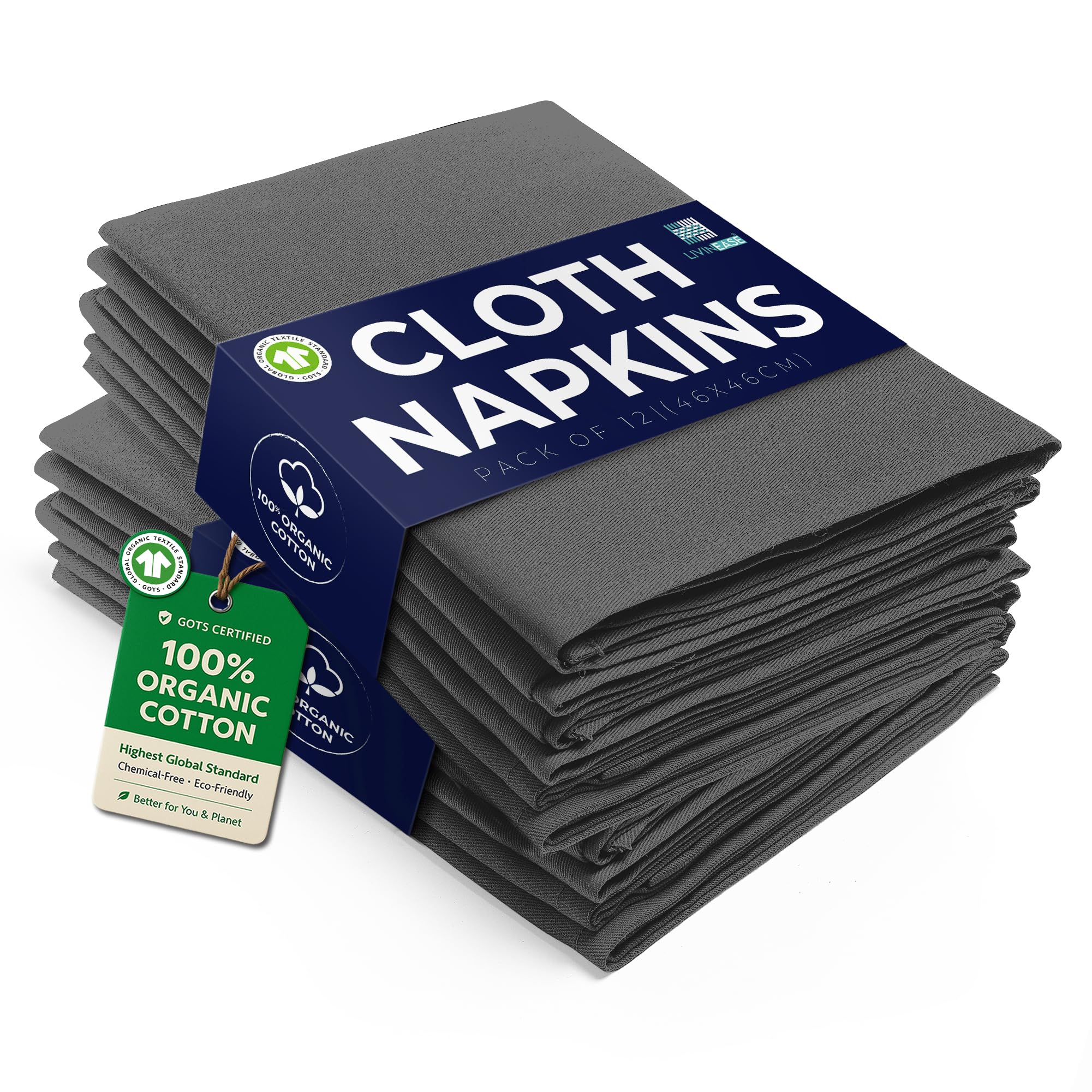 LivinEase Cotton Cloth Napkins Set of 12-100% Cotton 46 x 46 cm Reusable Oversized Dinner Napkins -Heavy Weight Hotel Quality Pure Fabric -Ideal for Home Use & Events (Charcoal)