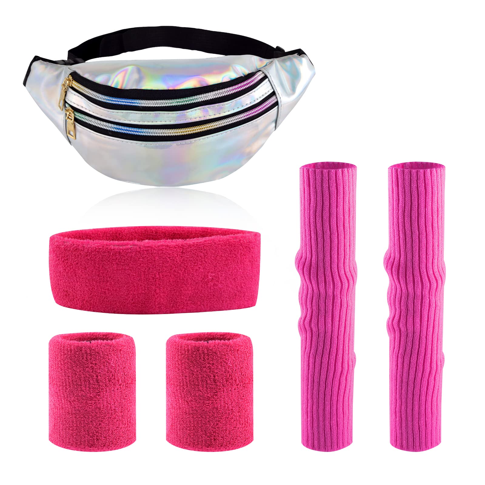 80s 90s Belt Bag with Neon Leg Warmers Rose Red Sweatbands Set for Retro Party, Costume and Fancy Dress, pink-red, Retro