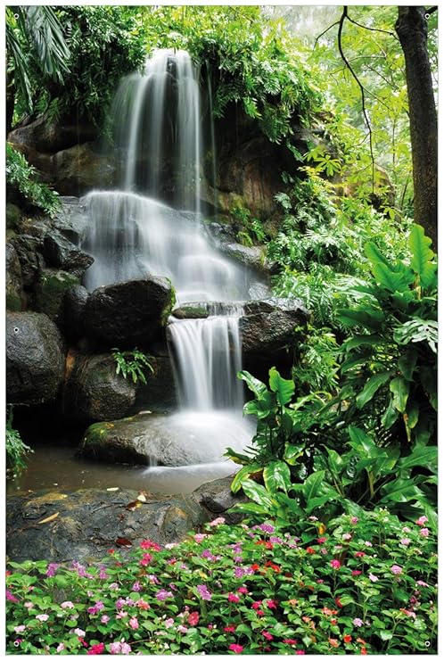 Wallario Garten-Poster Outdoor-Poster - Sturzbach im Grünen in Premiumqualität, Größe: 61 x 91,5 cm, für den Außeneinsatz gee