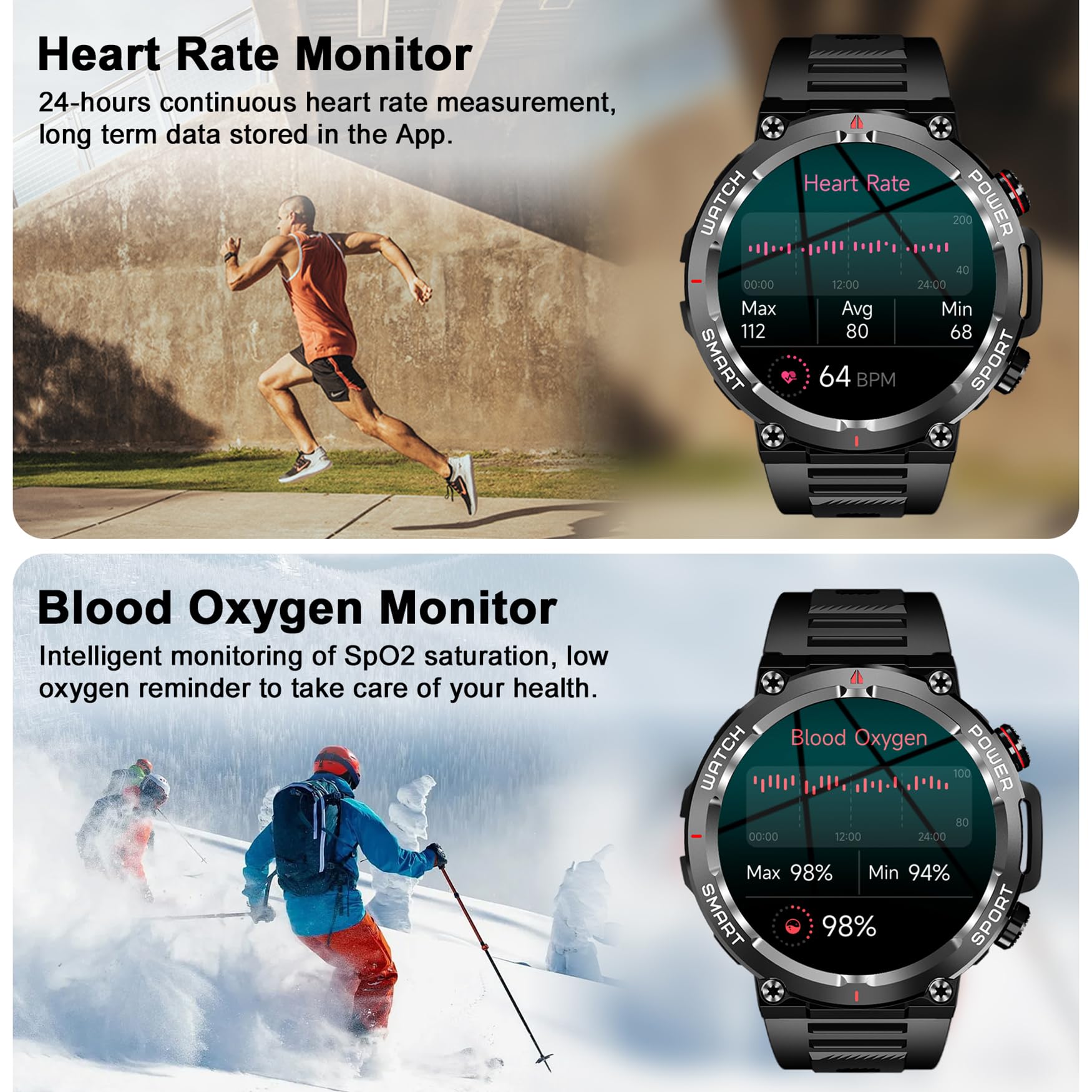 Blackview Military Smart Watch for Men, 100 Days Battery/Flashlight/Compass/120+ Sports/Bluetooth Calls, Outdoor Fitness Tracker with Heart Rate SpO2 Sleep, IP68 Waterproof Smartwatch for iOS Android