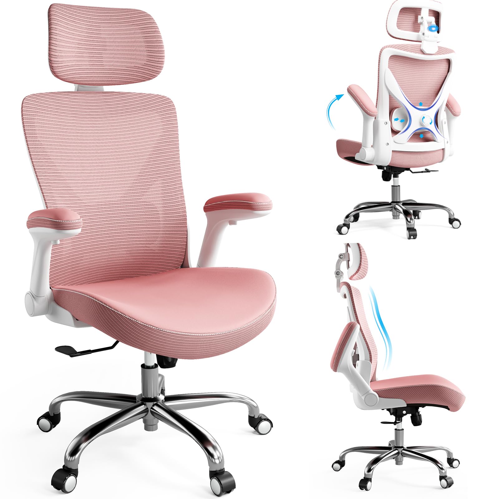 Photo 1 of Ergalithic Ergonomic Office Chair-Computer X-Shaped Chair Mesh PU Leather with Adjustable Lumbar Support-Executive Desk Chair High Back with Headrest Flip-Up Arms for Long Hours (Pink)