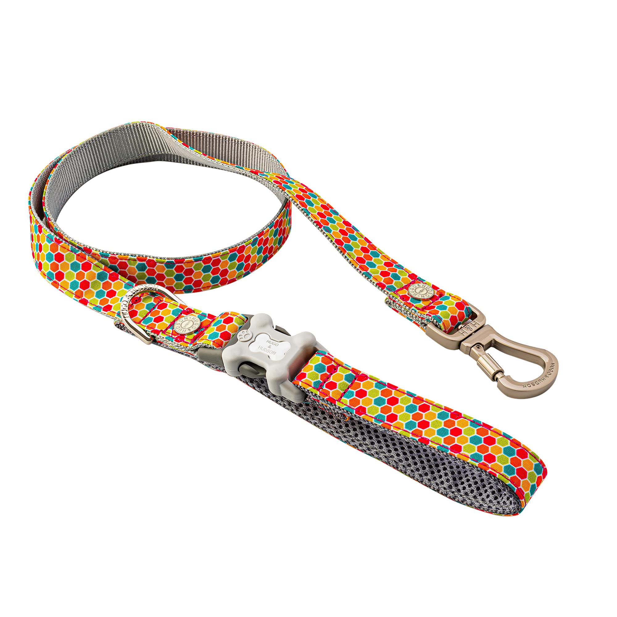 HUGO & HUDSON Dog Lead, 1.2m Nylon Leash with Quick Release Clip in Handle, Multi-colour Geometric
