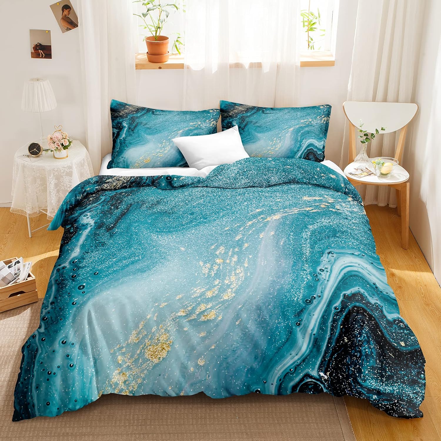 Amazon Com Chic Girly Marble Duvet Cover Set Gold Glitter Turquoise Bedding Set Abstract Blue Quilt Cover Twin For Boys Girls 1 Duvet Cover 1 Pillowcase Blue Twin Kitchen Dining