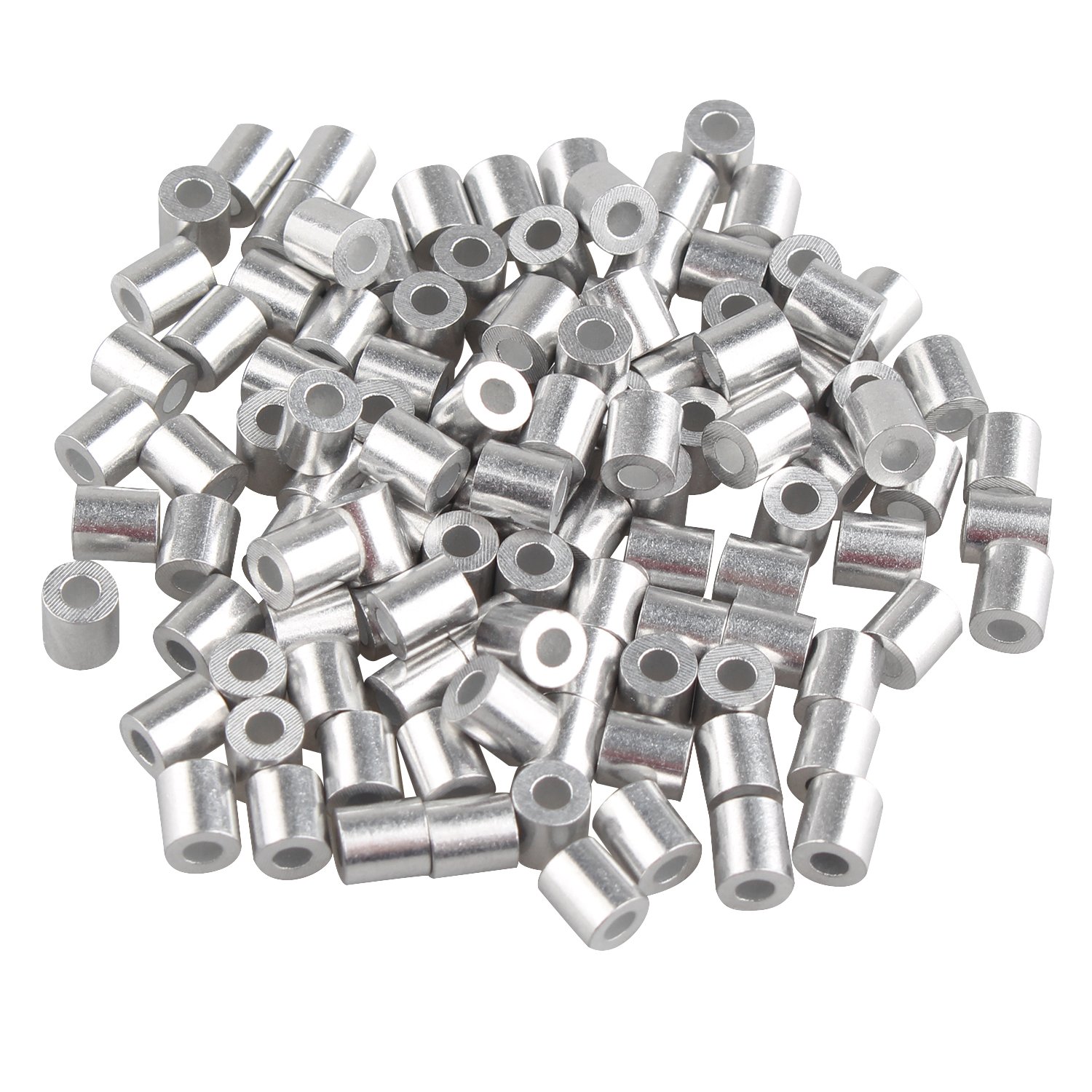 Futheda 100 pcs Aluminum Crimping Loop Sleeve Clips with Round Ferrules for 2.0mm Cable Wire Rope Silver Tone