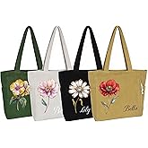CALLIE Personalized Corduroy Tote Bag | Custom Name Birth Flower Tote bag | 4 Color Options 15.7" × 3.9" × 12.9" | Corduroy Shoulder Bag with Inner Pockets for Work Beach Travel and Shopping Grocery