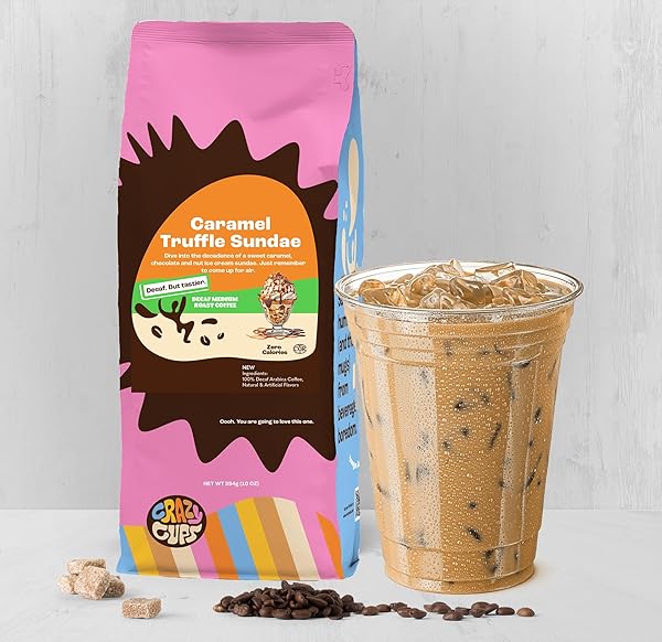 CRAZY CUPS DECAF FLAVORED GROUND COFFEE, DECAFFEINATED CARAMEL TRUFFLE SUNDAE COFFEE, FOR BREWING FLAVORED HOT OR ICED DECAF CARAMEL COFFEE, 10OZ