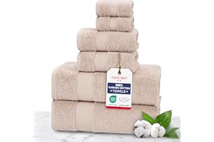 TEXTILOM 100% Turkish Cotton 6 Pcs Bath Towel Set, Luxury Bath Towels for Bathroom, Soft & Absorbent Bathroom Towels Set (2 Bathtowels, 2 Hand Towels, 2 Washcloths)- Beige