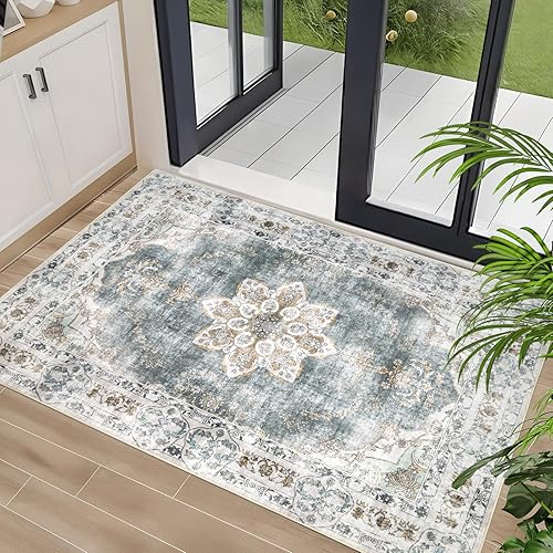 Dotiiorug Area Rug 2×3 Washable Rug for Entryway Indoor, Vintage Floral Small Area Rug Soft Non Slip Stain Resistant Carpet for Front Door Kitchen Bedroom Dinning Room Green