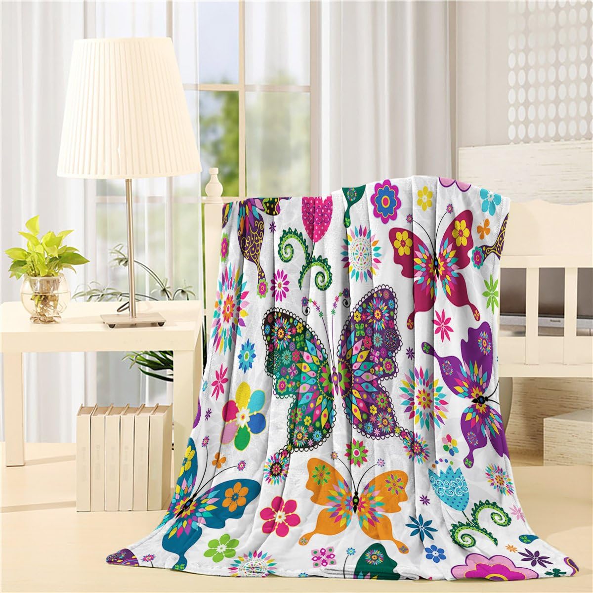 SIGOUYI Lightweight Fleece Blankets Reversible Throw Cozy Plush Microfiber All-Season Blanket for Bed/Couch - Twin 50x60 Inch, Colorful Butterfly Flowers