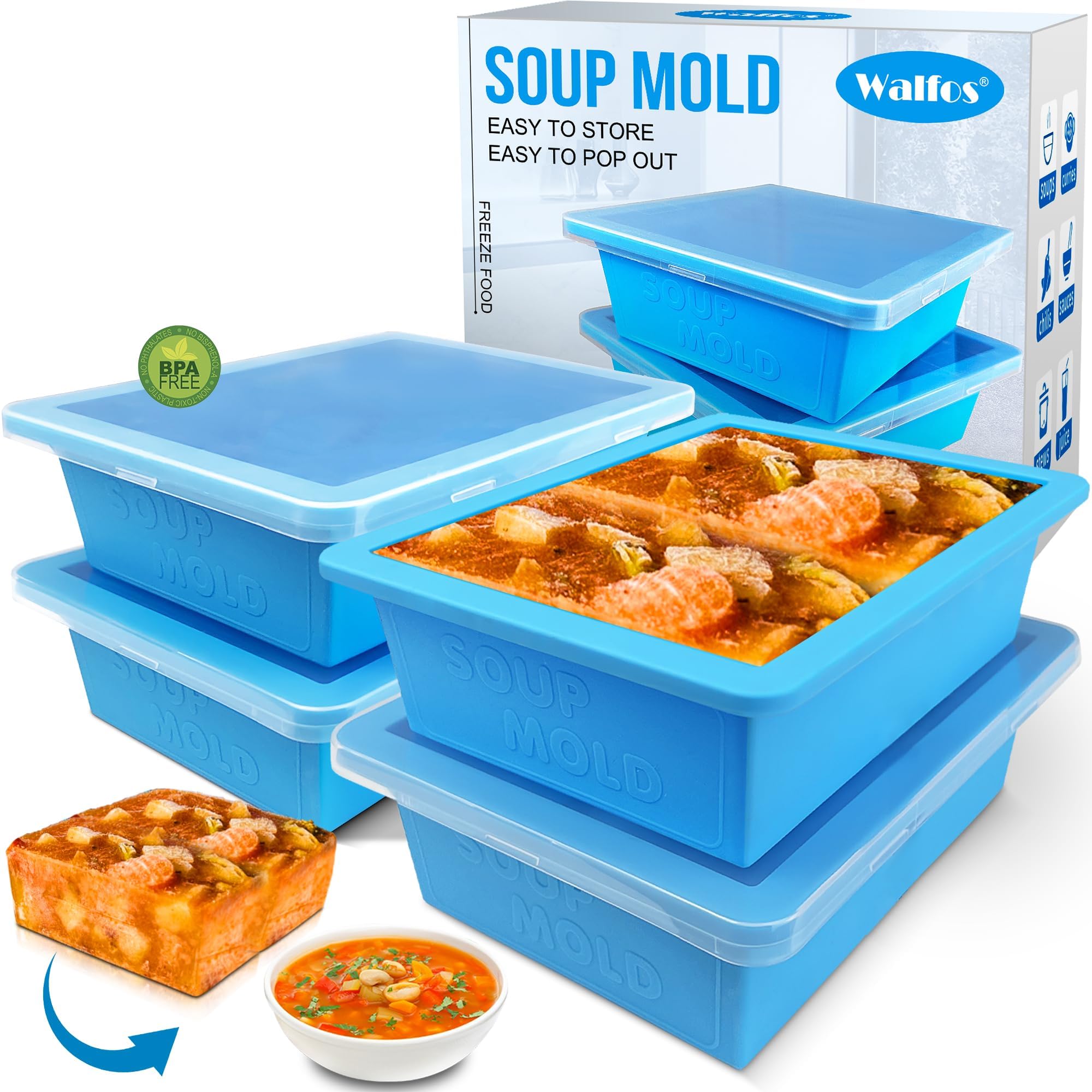 Walfos 2cup Silicone Freezing Tray with Lid - Easy Meal Prep Container and Kitchen Storage Solution, Make Perfect Freezing,Storing Soups, Foods, Stews, Dips or Sauces Simple and Convenient-4packs