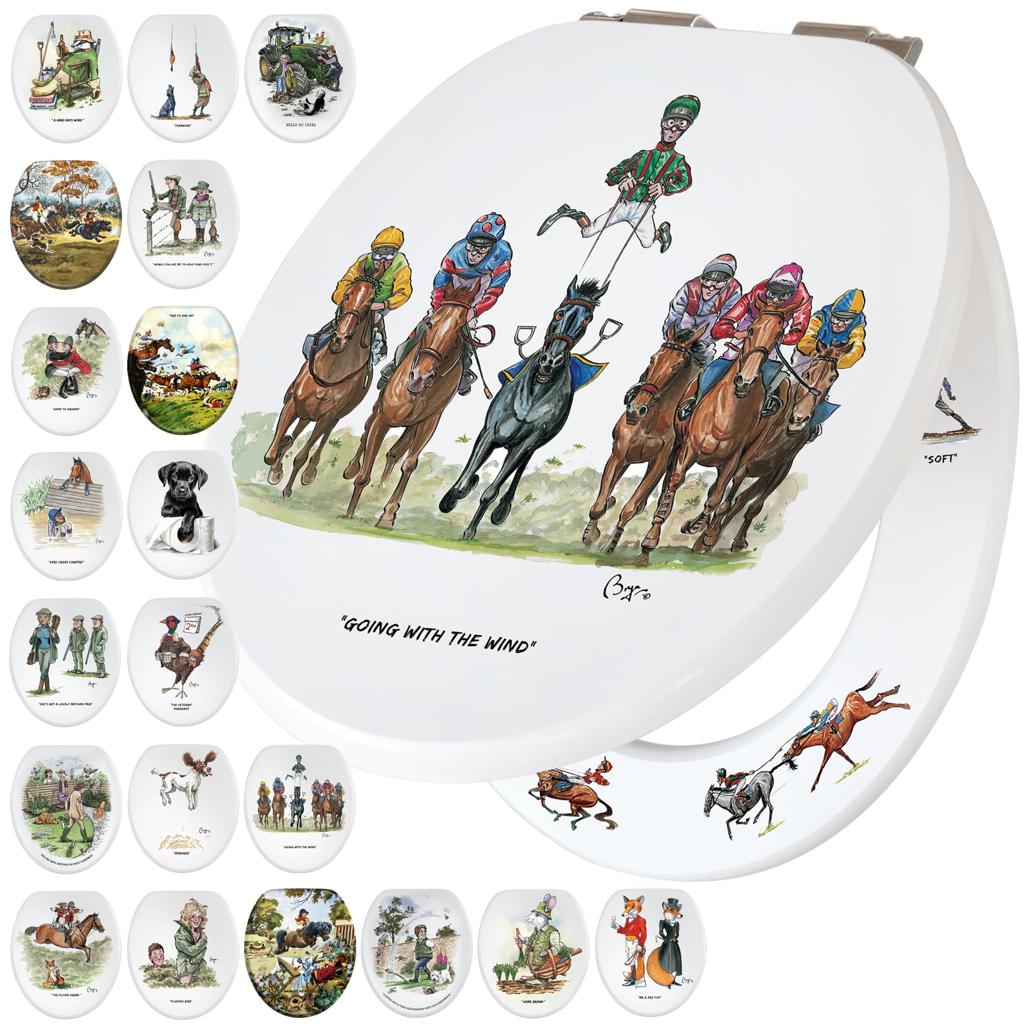Fun Novelty Toilet Seat Soft Close, Easy Fit, Printed On 3 Surfaces with Bryn Parry Equestrian Horse Racing Art. Fantastic New Home Gift for Farmhouse, Country Lifestyle & Horse Riding Enthusiasts