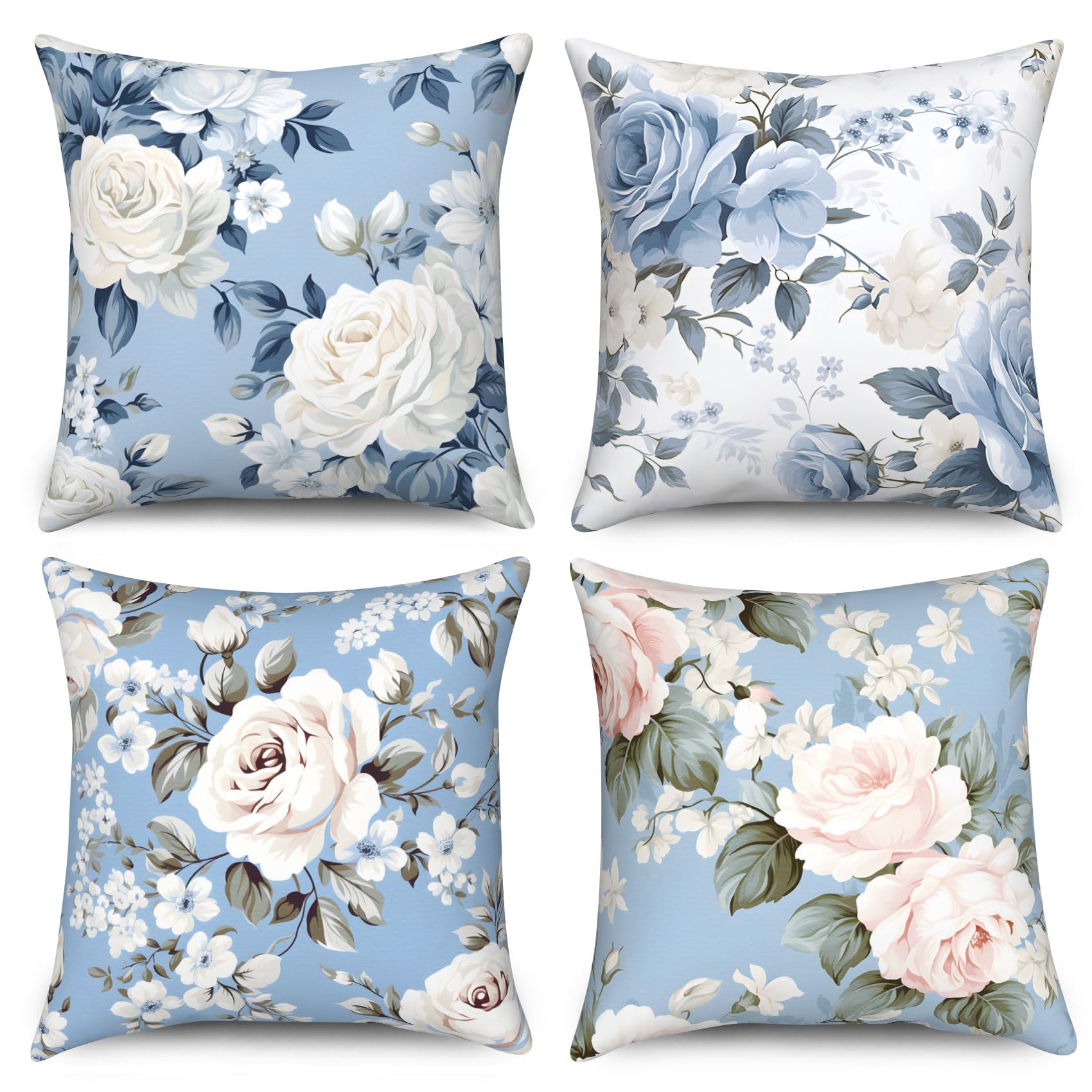 Photo 1 of Yanutan Blue Floral Throw Pillow Covers, Light Blue Flower Decorative Velvet Pillow case, Vintage Floral Pattern 4-Pack Double-Side Printed Pillowcases for Sofa Home Living Room, 18x18 in