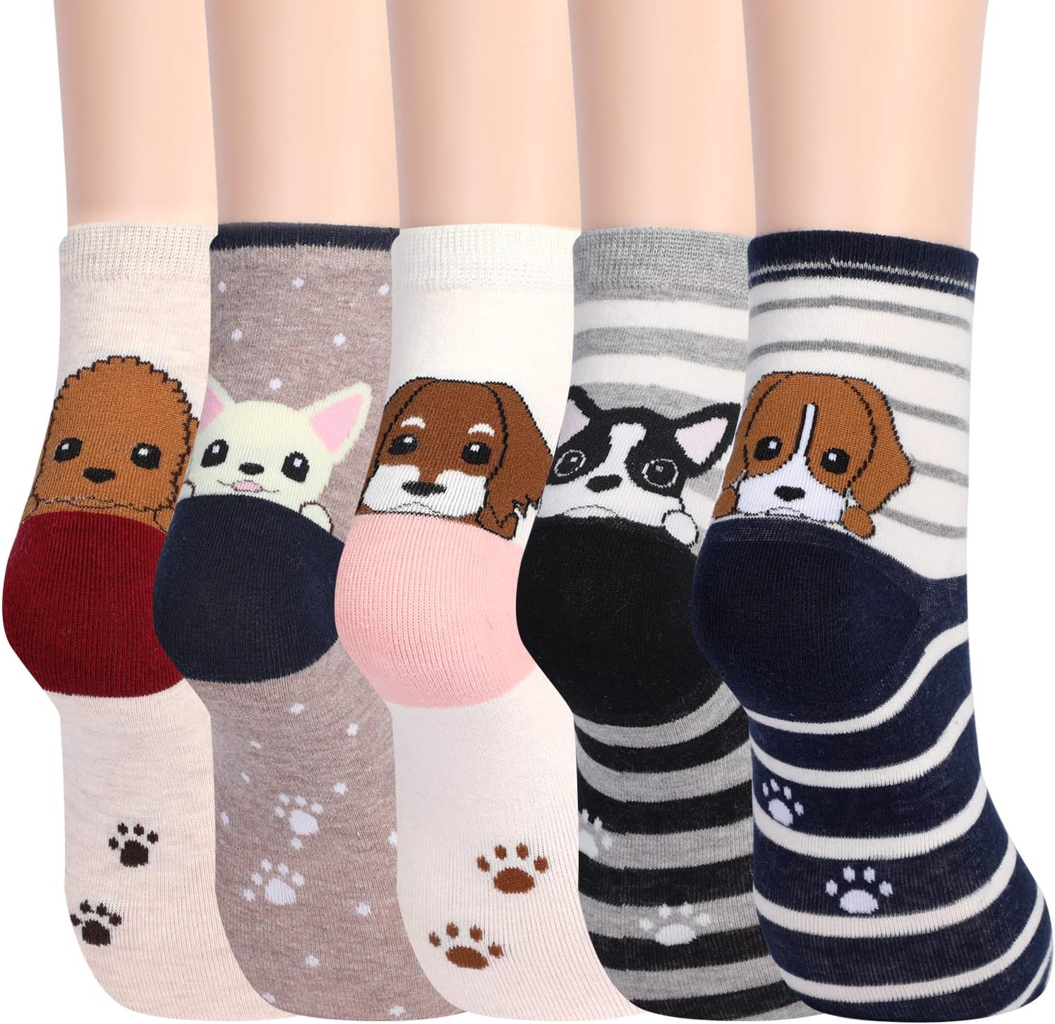Wehapfa Women's Cute Animal Socks Cotton Soft Funny Funky Gifts Pack of 5 (Puppy)