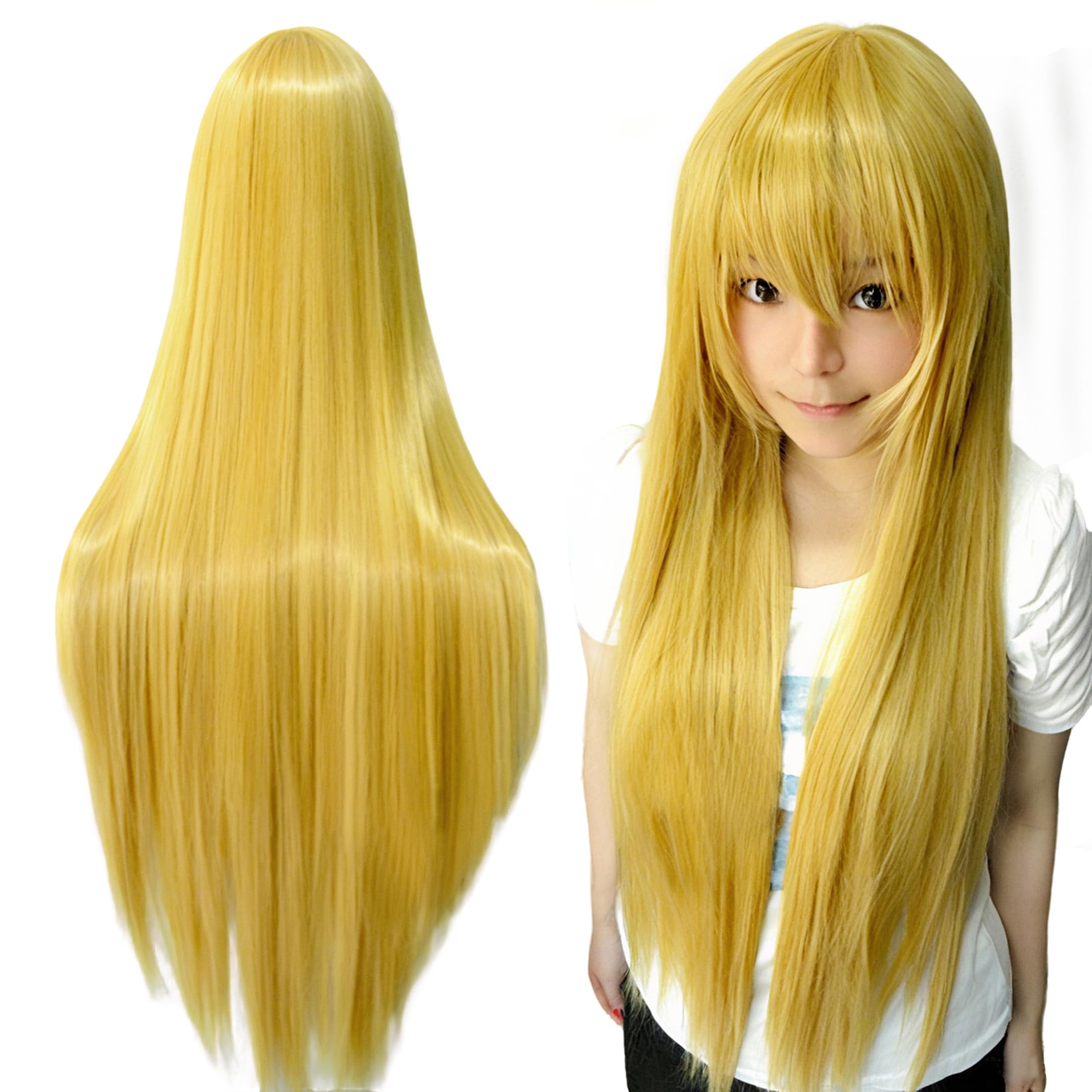 IMISSU 80cm Long Straight Natural Hair Cosplay Wigs with Bangs Colorful Halloween Costume Party Wig for Girl (Yellow)