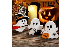 FENYUAN Cute Ghost Halloween Decorations Indoor, Wooden Tiered Tray Decor Table Sign, 3PCS Black Cat Bat Witch Broom Signs Pumpkin Blocks Halloween Decor for Party Home Sill Table Shelf Display