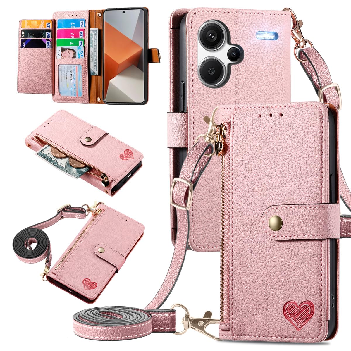 MOJIA Flip Case For Xiaomi Redmi Note 13 Pro+ (Plus) 5G, Leather Zipper Flip Wallet Case Cover [with Shoulder Belt], Card Holder Multifunctional Anti-fall Phone Shell. Pink — image 1