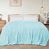 Exclusivo Mezcla Queen Size Flannel Fleece Blanket, Super Soft Striped Jacquard Bed Blanket, Lightweight Fuzzy Cozy for All Seasons, 90x90 Inches, Light Blue