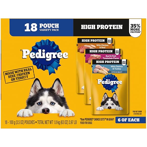 PEDIGREE HIGH PROTEIN DOG FOOD, ADULT WET DOG FOOD POUCHES, VARIETY PACK, 3.5 OZ. POUCHES, 18 COUNT