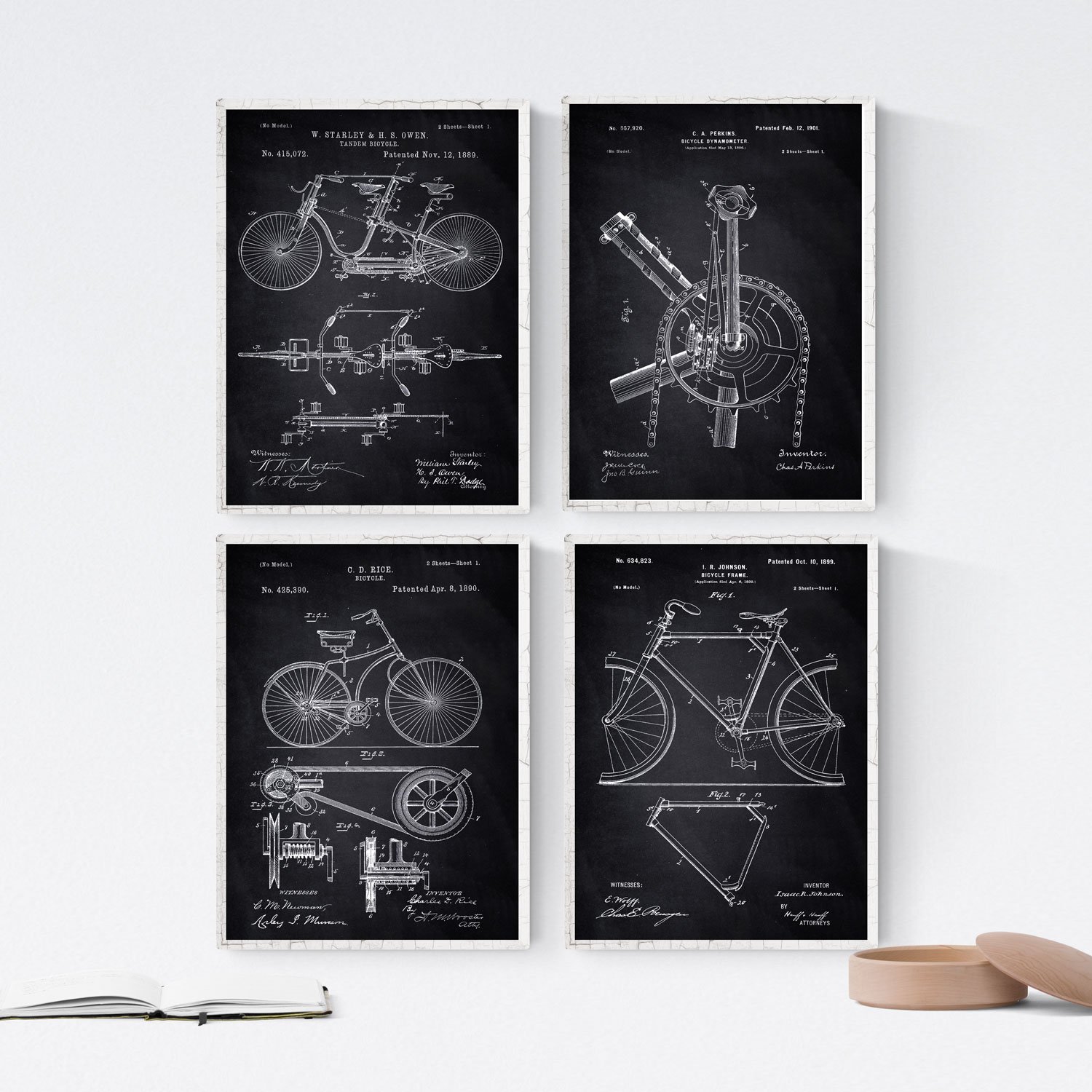 Nacnic BLACK - Pack of 4 sheets with Patent BICYCLES 2. Set posters with inventions and old patents. Choose the color you like. Printed on 250 grams
