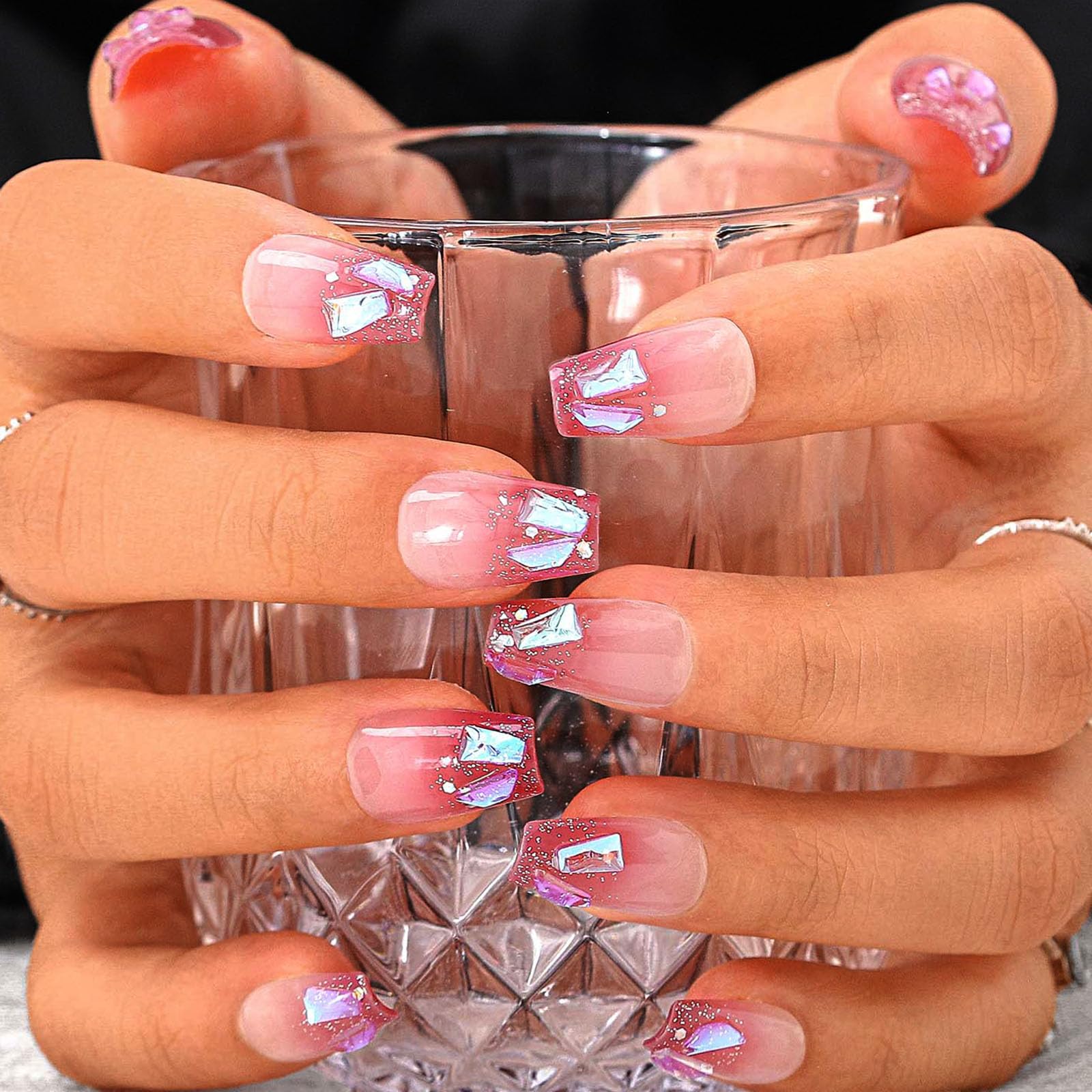 Sethexy Pink Rhinestone Handmade Press on Nail Medium Coffin Fake Nails Aurora Gradient Glitter Acrylic Glossy False Nail Salon Nails for Women and Girls 10PCS (C)