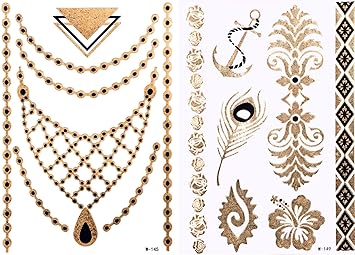 2 x Temporary Tattoos Flash Tattoo Doppelset Gold Metallic W145149 GOLDTATTOO Flashtattoo Anker Pfauenfeder Kette