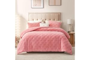 Cozy Bliss Fluffy Queen Size Comforter Set Pink, Farmhouse Jacquard Checkered Sherpa Bed Set, Ultra Soft Thick Bedding Set for Winter, Gift for Women, 3 Pieces, 1 Fuzzy Comforter & 2 Pillow Shams