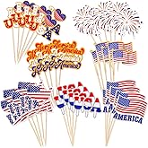 HOWAF 70pcs 4th of July American Flags Toothpick, USA Mini Stick Cupcake Toppers, Red White Blue Independence Day Cocktail Picks Fruits Sticks for US July 4th Patriotic Party Food Drink Decorations