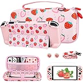 FUNDIARY Strawberry Pink Carrying Case for Nintendo Switch OLED, Cute Travel Case Protector for Switch oled Accessories with Strawberry Carry Bag Pink Protective Cover Screen Protector and Thumb Caps