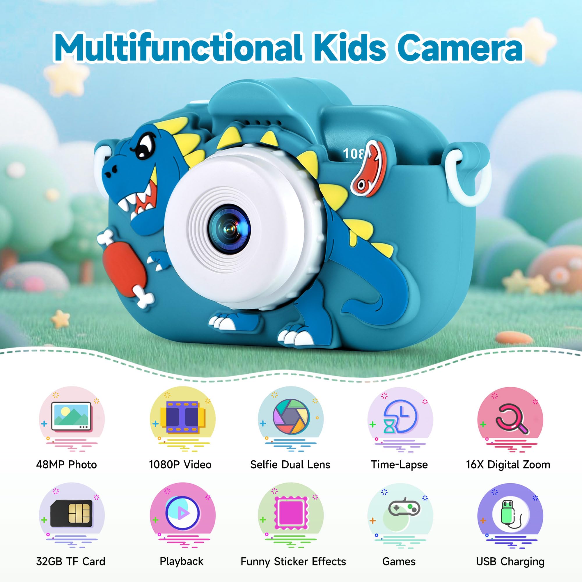 Kids Camera Toddler Toys for Boys Aged 3-9, 1080P Toddler Camera Christmas Birthday Gifts for Boys Ages 3 4 5 6 7 8 9, Digital Selfie Camera with Cute Protective Cover and 32GB SD Card