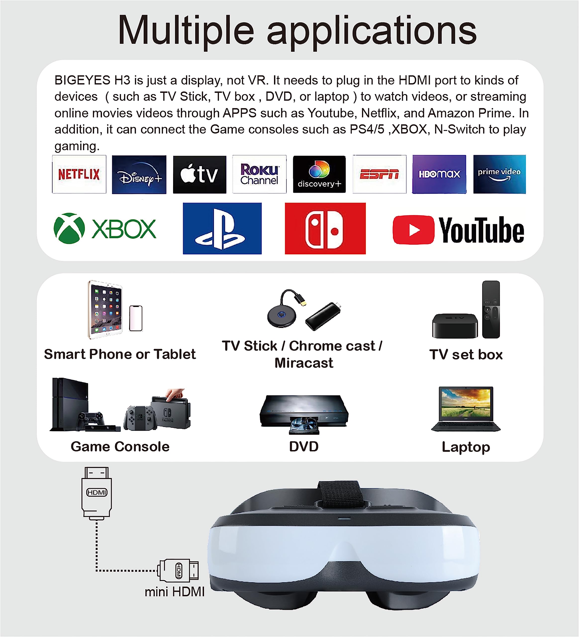Bigeyes H3 Personal Mobile Movie Cinema,HDMI Input,Built in Battery,Connect to Various Multimedia Signal Source Devices. Video Display Glasses, Headset, Goggles,Monitor(Bigeyes H3)