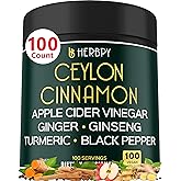 Herbpy 6in1 Premium Ceylon Cinnamon Supplement Plus Apple Cider Vinegar, Turmeric, Ginger, Ginseng - Weight Management, Digestion - 100 Vegan Capsules