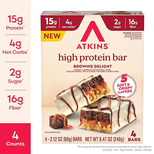 ATKINS HIGH PROTEIN BAR, BROWNIE DELIGHT, 4 BARS, 2.12 OZ (60 G) EACH