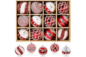 JORNOY Christmas Tree Ornaments Set of 12, 3.15inch/80MM Shatterproof Plastic Xmas Tree Ball Ornaments Bulk Decorative Hanging Baubles for Xmas Tree Decor Holiday Party Decorations, Red & White