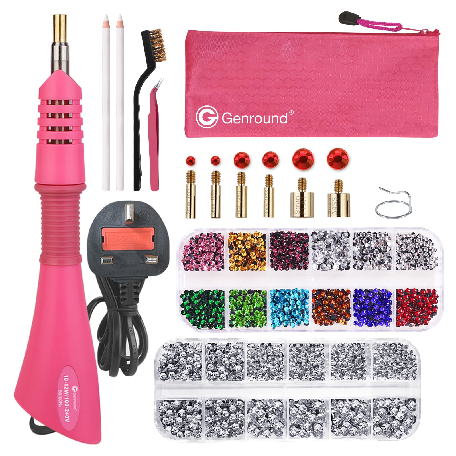 Genround Hotfix Applicator Tools, Iron-on Hotfix Rhinestone Wand Tool Set with 2 x Flat Back Gems Round Crystal Rhinestones Bedazzler Kits Jewel Hot Fix Applicator, Professional Designed