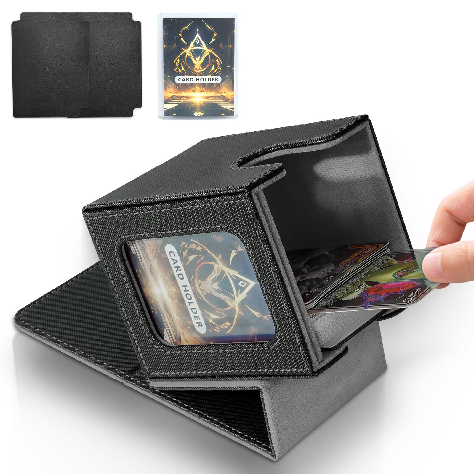 Jaffzora Card Deck Box for MTG Commander, Magnetic Flip-Cover Case, Holds 100 Double-Sleeved Cards, 3.2x3.54x4.4 inches, Black & Grey โ image 1