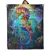 GBXGBX Colorful Seahorse Throw Blanket – Underwater Ocean Design, Cozy Warm Flannel Blankets, All Season Use, Kids Boys Girls Women Gifts, 50x60in, Sofa Office Dorm Travel RV Farmhouse Decoration