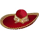 Artesanias Mickey Authentic Mariachi Charro Sombrero - Traditional Mexican Hat with Unique Embroidery, Deep Red with Gold Lace (Design and Color May Vary)