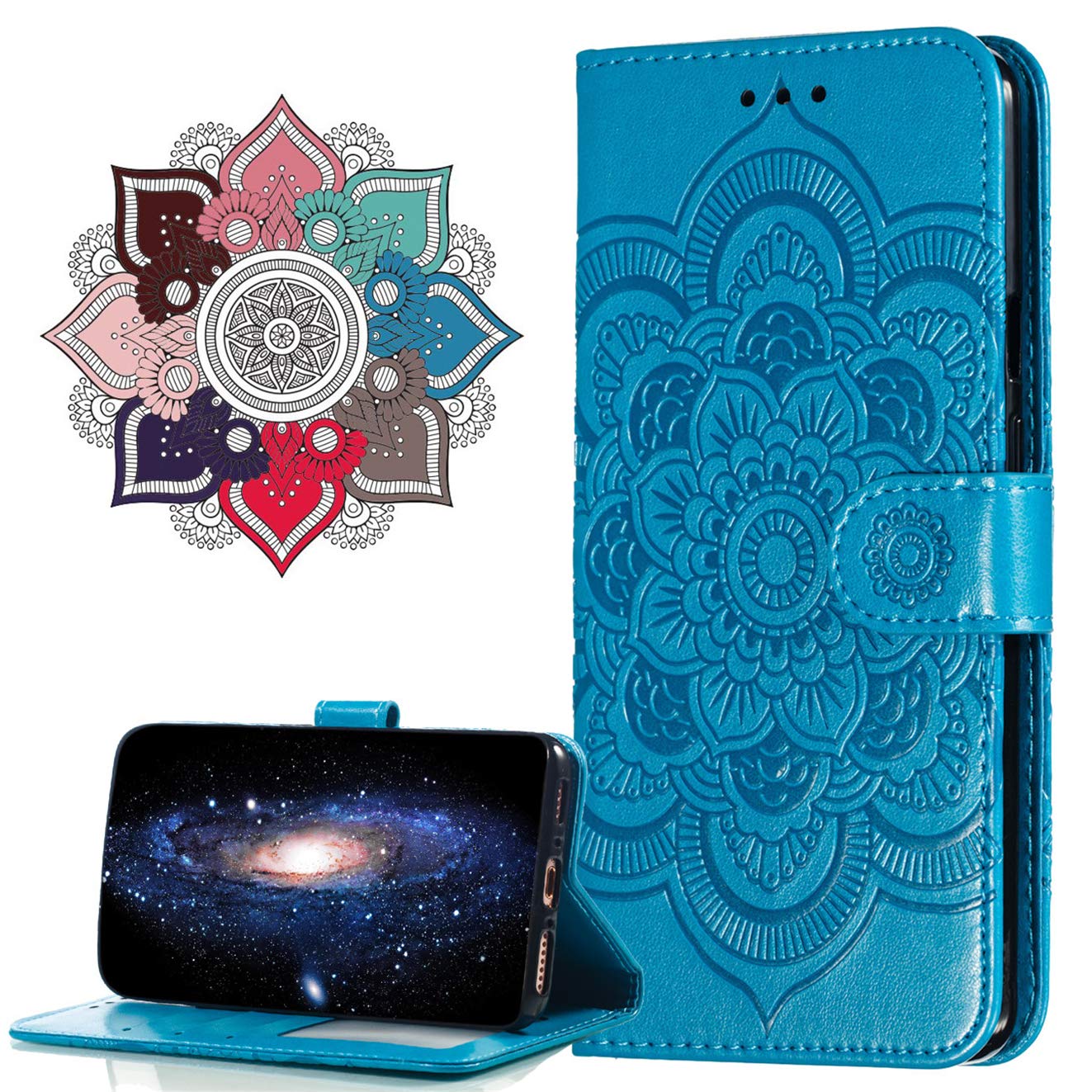 MRSTER Flip Case for Redmi Note 9T PU Leather Wallet Closure Embossed Shockproof Cover with Kickstand Card Slots Holder for Xiaomi Redmi Note 9T 5G. LD Mandala Blue