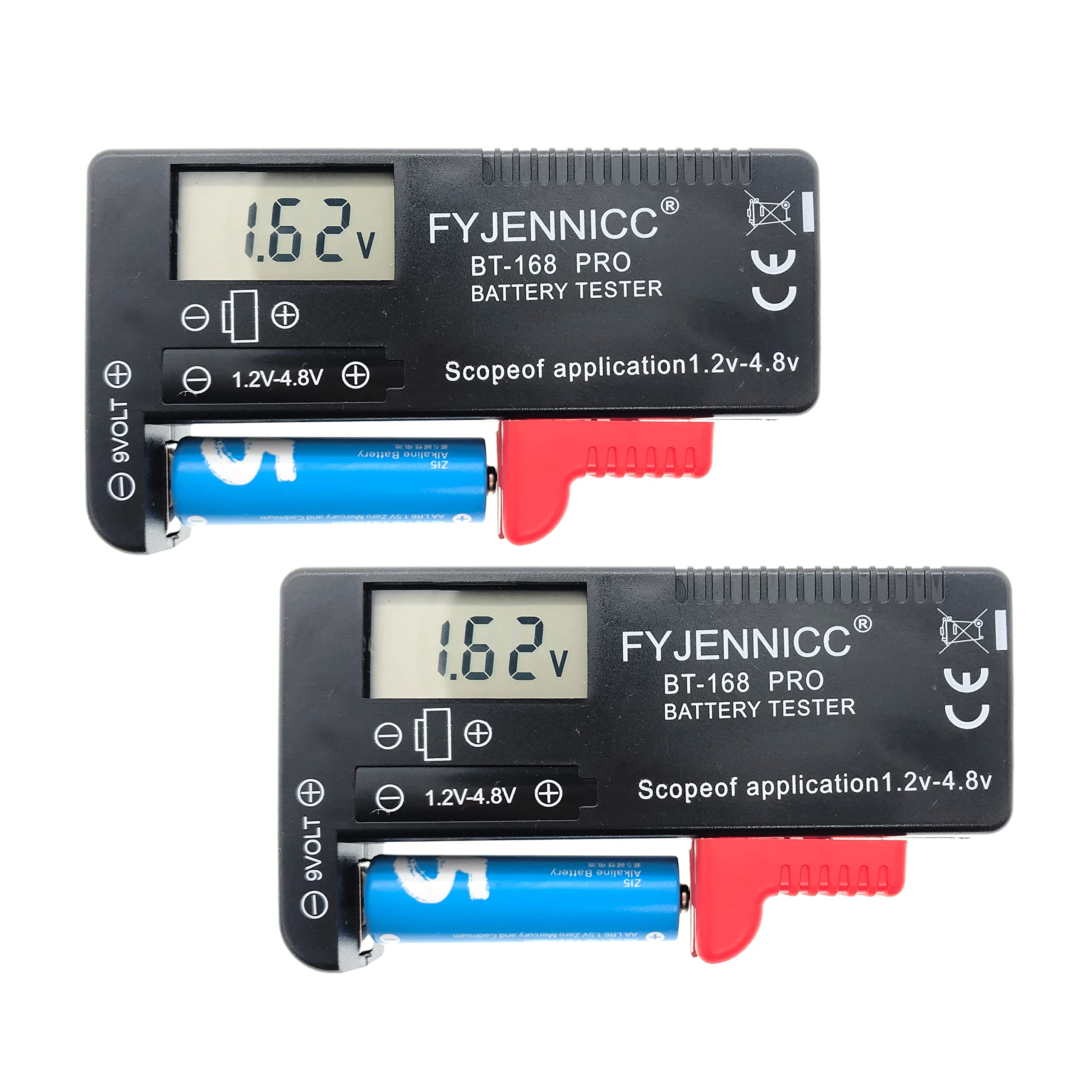 FYJENNICC Digital Battery Tester Battery Checker for AA AAA C D 9V 1.5V Button Cell Batteries (Model: BT-168Pro) (Black 2Pack)