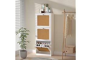Anmytek Rattan Shoe Cabinet, Entryway Cabinet Wooden Shoe Rack with 3 Flip Drawers, 3-Tier Shoe Storage Cabinet for Entryway Hallway, White S0003