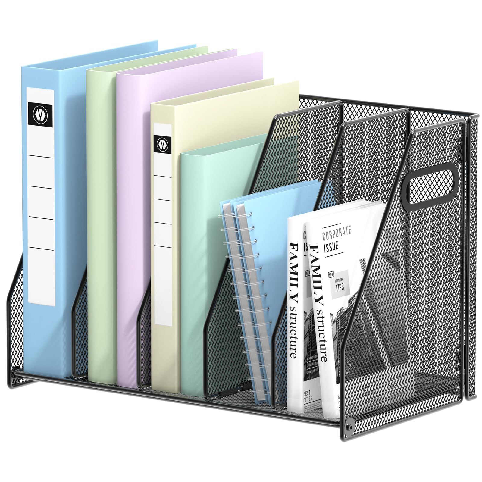 Photo 1 of VEESUN Desk Organizers Metal Desk Magazine File Holder Binder Holder with 5 Vertical Compartments Rack File Organizer for Office Desktop, Home Study, School Classroom (Black)