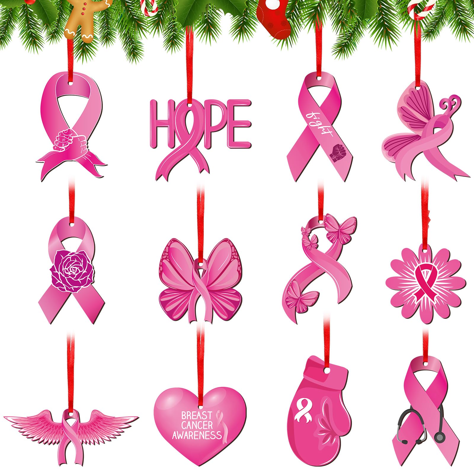 Photo 1 of 12 Pcs Christmas Hanging Ornaments for Tree Pink Ribbon Breast Cancer Awareness Sign Double Sided Wooden Pendants Christmas Ornaments for Xmas Tree Party Decor