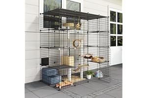 Eiiel Outdoor Cat House, Cages Enclosure with Super Large Enter Door, 55.1L x 27.6W x 55.1H Balcony Cat Playpen with Platforms,DIY Kennels Crate, Exercise Place Ideal for 1-4 Cats, BLACK