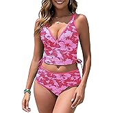 ZAFUL Womens Tankini Swimsuits Tummy Control Bathing Suits 2025 Two Piece Color Block Swim Suit with High Waisted Bottom