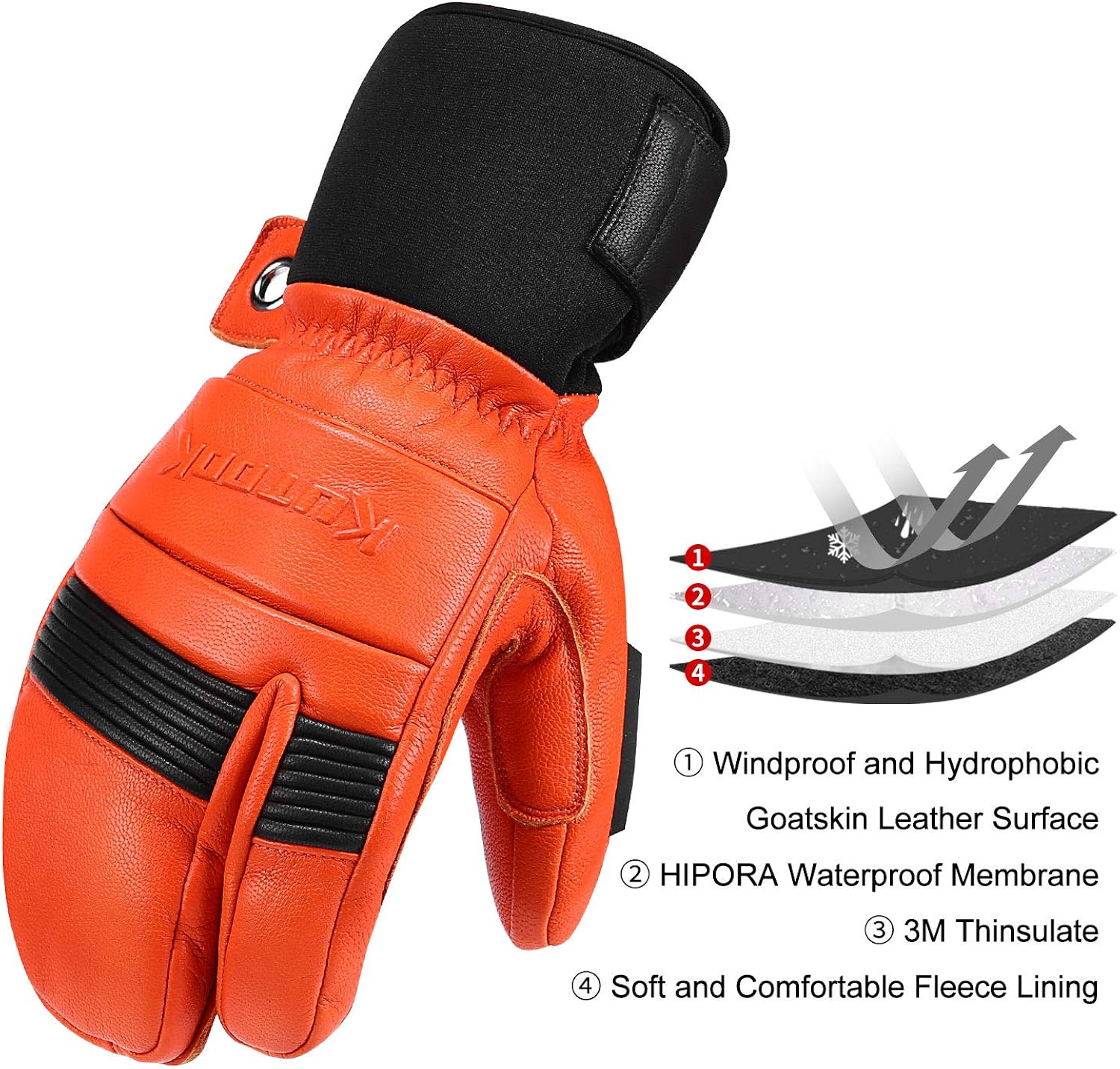 KUTOOK Ski Mittens with HIPORA Waterproof Membrane Goat Leather Gloves for Skiing Outdoor: Clothing