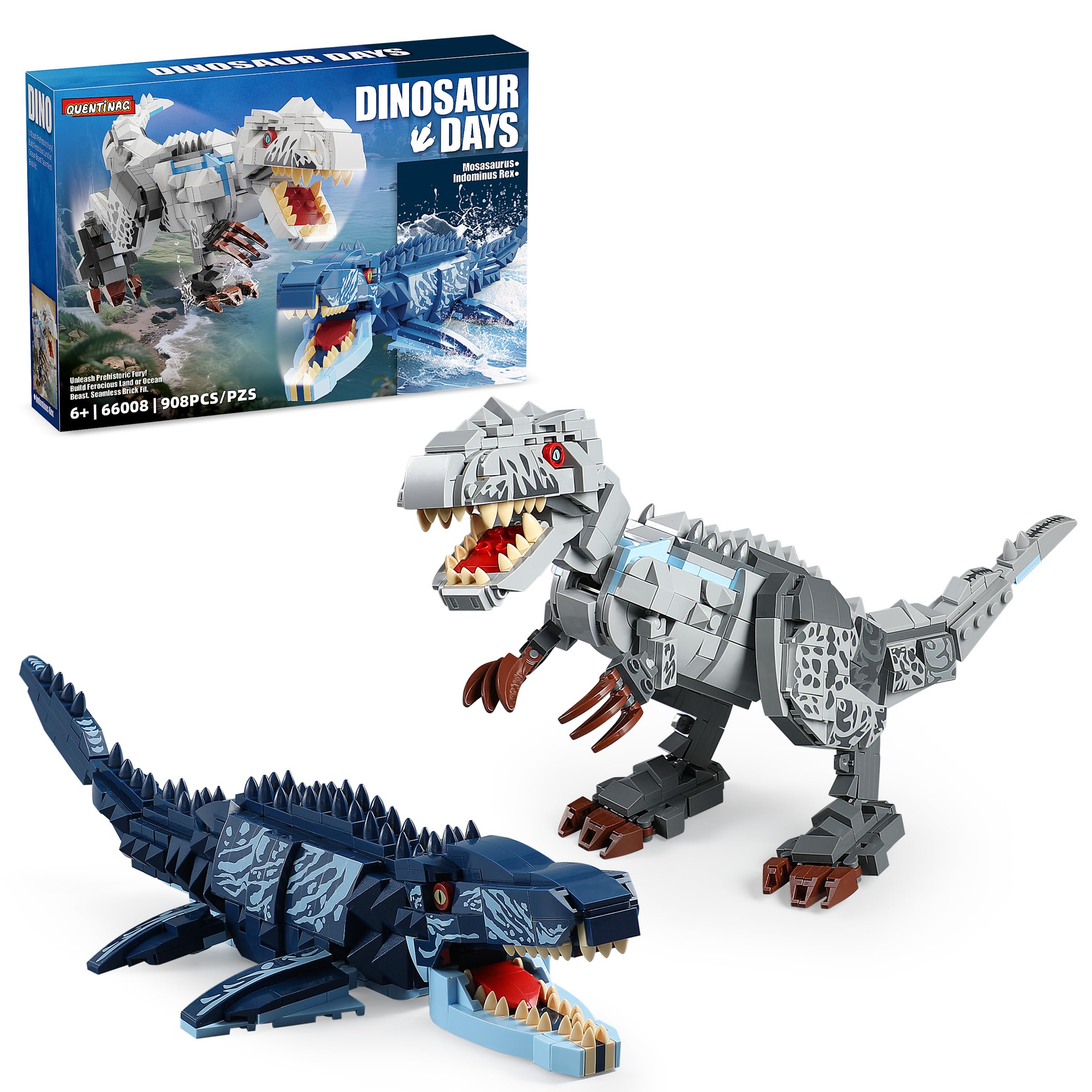 Photo 1 of QUENTINAG Dual Dinosaur Building Sets - Indominus Rex & Mosasaurus Dinosaur Toys with Poseable Joints, STEM Educational Toys for Kids Ages 6-12, Creative Birthday Gifts for Boys and Girls